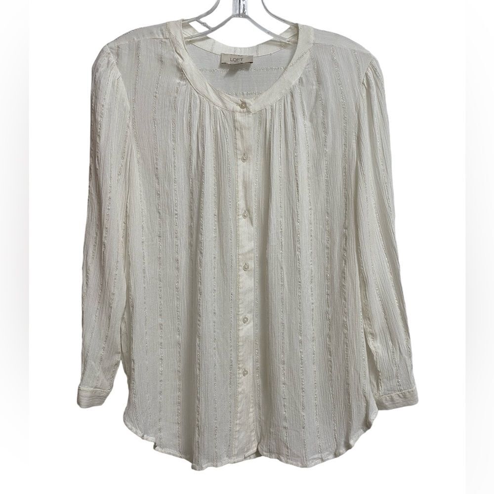 LOFT Button Front Metallic Thread Blouse Women's S Ivory Sheer Textured Fairy